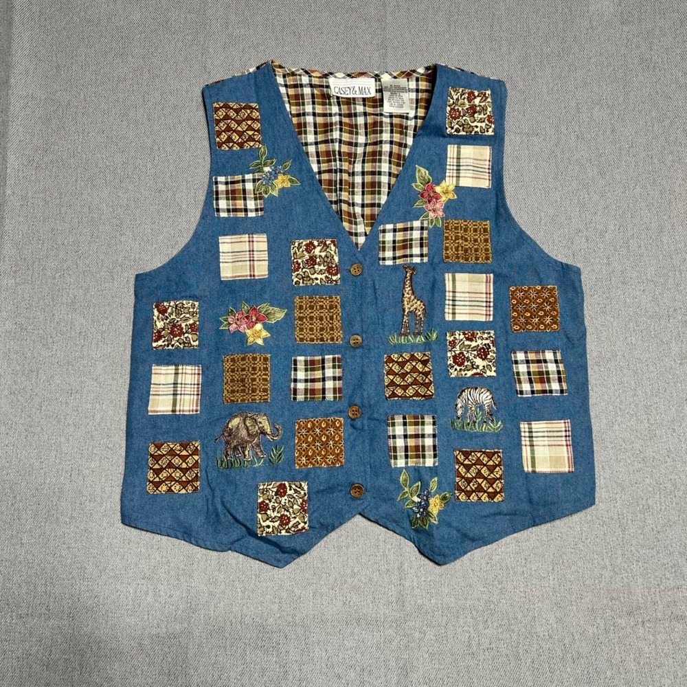 Vintage Casey & Max Grandmacore Safari Patchwork Vest L Denim Embroidered Plaid